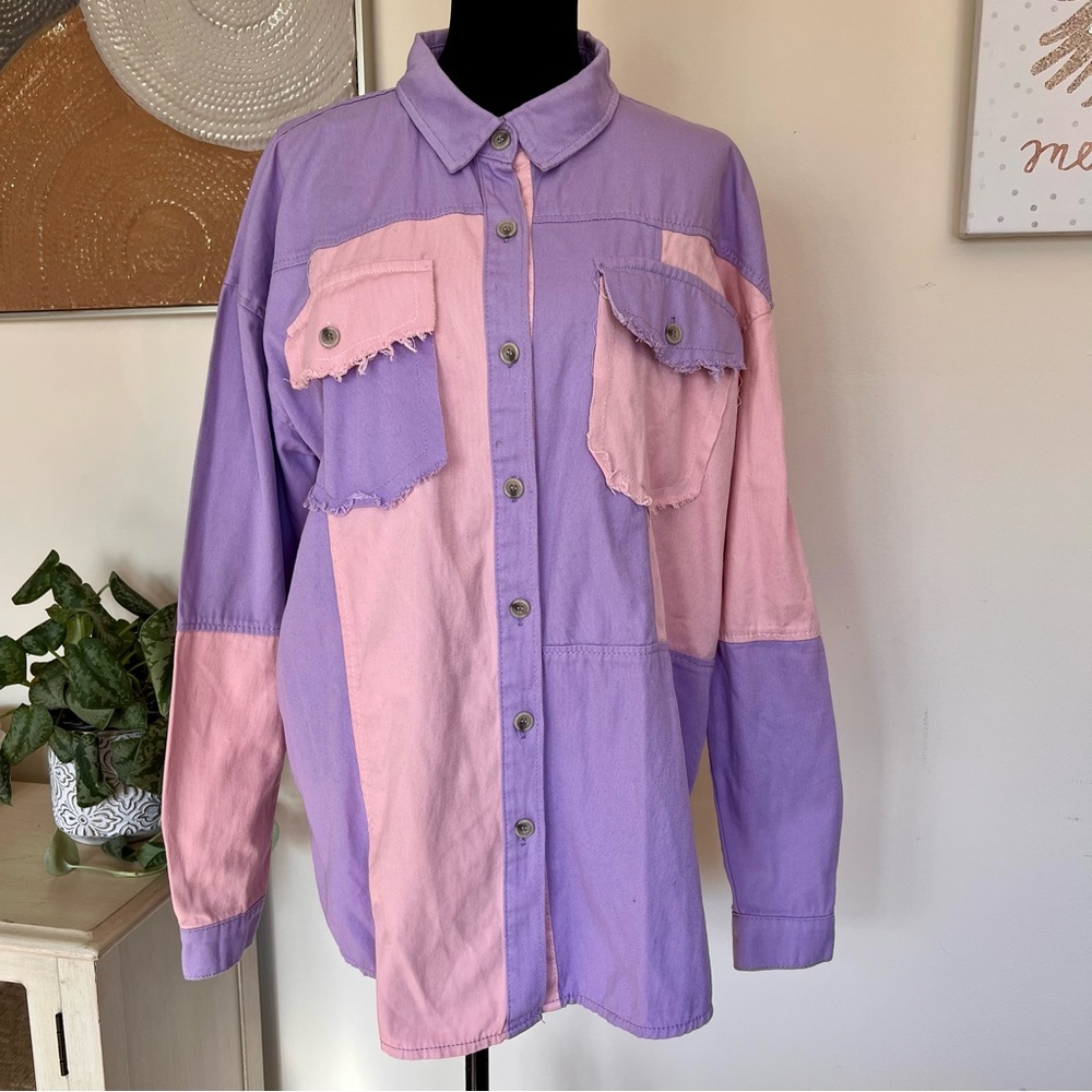 Boohoo Women’s Purple & Pink Y2K Color-block Denim Shacket. NWT Size 12